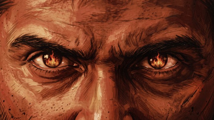 Close-up of a man's eyes with fire