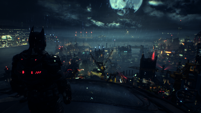 Batman overlooking Gotham City at night