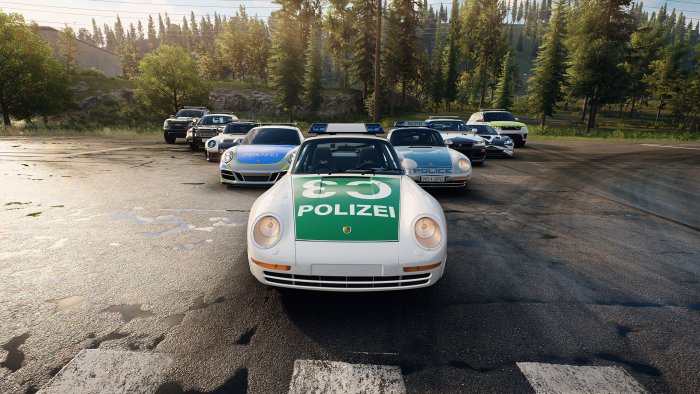 Police Cars Lined Up on Wet Asphalt