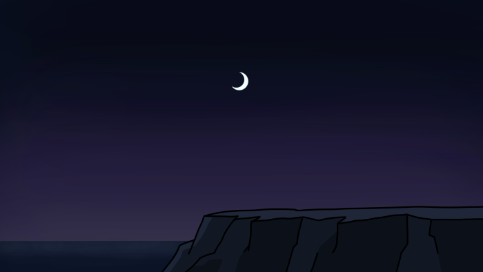 Crescent moon over a dark cliff and ocean