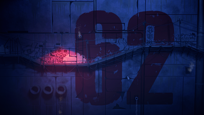 Large red numbers 92 on a dark blue industrial wall