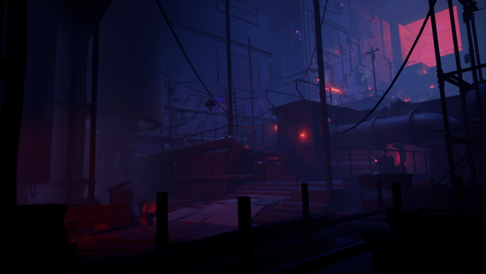 Dark industrial interior with pipes and red lights