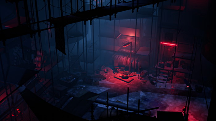 Dark industrial interior with red lighting