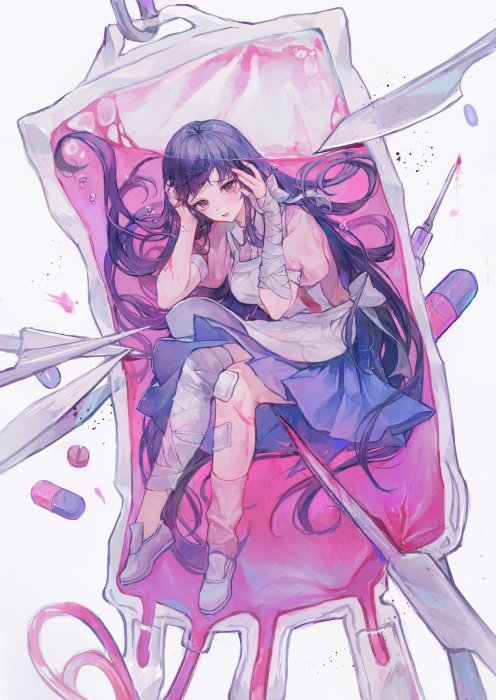 Girl in IV Bag with Medical Supplies