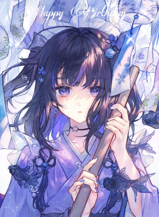 Anime girl in kimono with goldfish and flowers