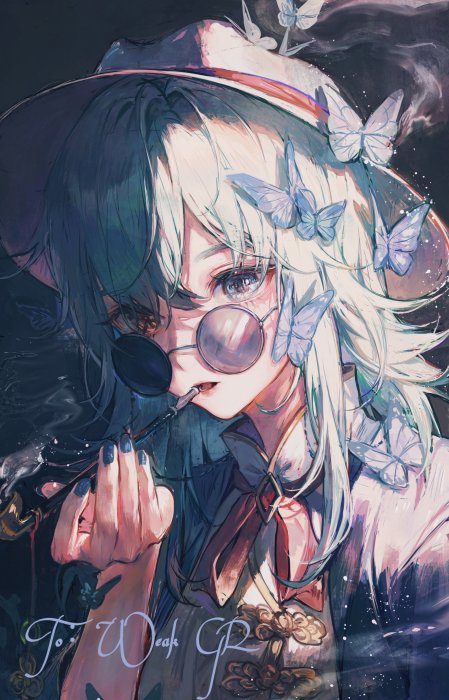 Anime girl with butterflies and a pipe