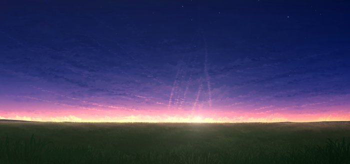 Anime landscape with sunset and stars