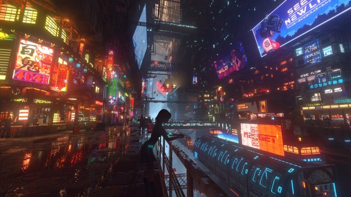 Cyberpunk city street with neon signs and a woman