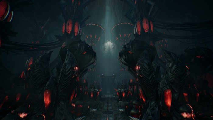 Alien organic structures with glowing red elements