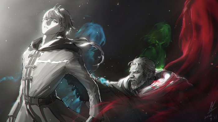 Young man and old man with spectral figures