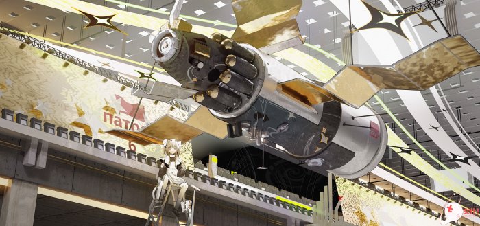 Anime girl on ladder near futuristic spacecraft
