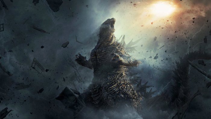Godzilla roaring amidst destruction and lightning