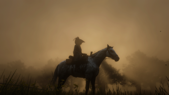 Man on Horseback in Foggy Landscape