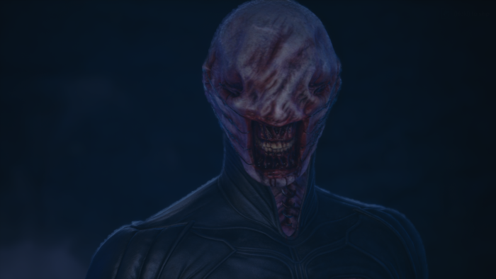 Horror creature with bloody mouth and dark suit