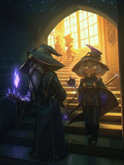 Wizards on a grand staircase with magical crystals