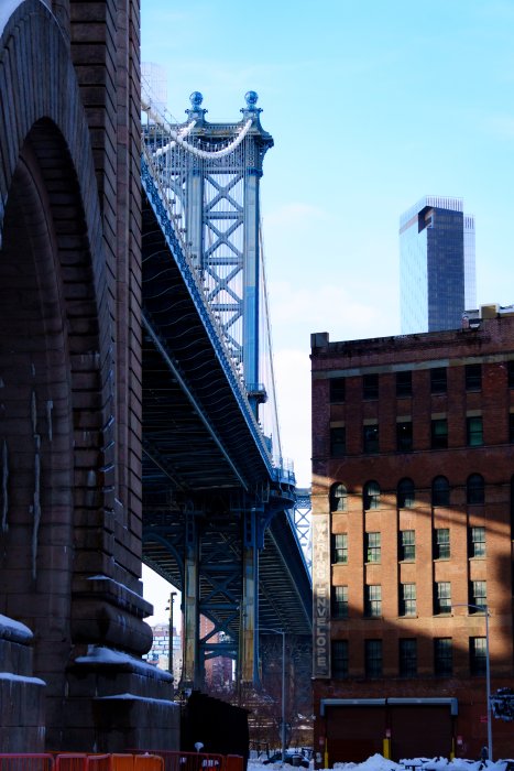 Manhattan Bridge and Buildings in Winter