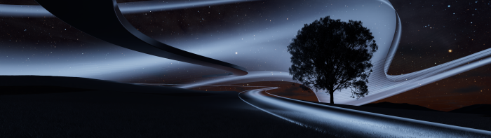 Surreal landscape with a tree under a starry sky