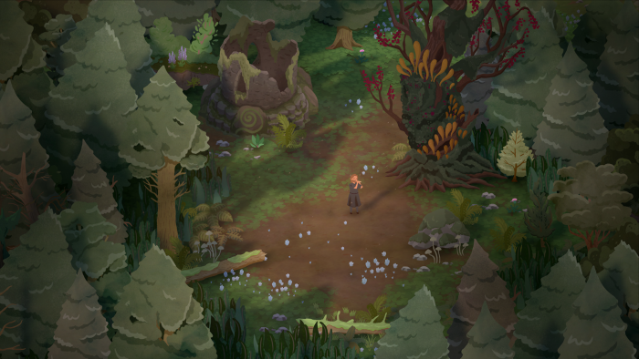 Person playing flute in a mystical forest clearing