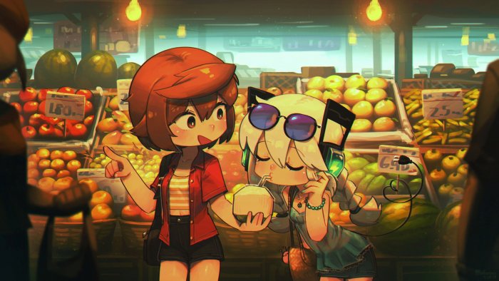 Two girls at a fruit stand, one holding a coconut