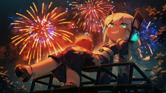 Anime girl in yukata watching fireworks with a cute creature