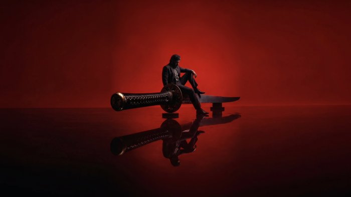 Man sitting on a katana with red background
