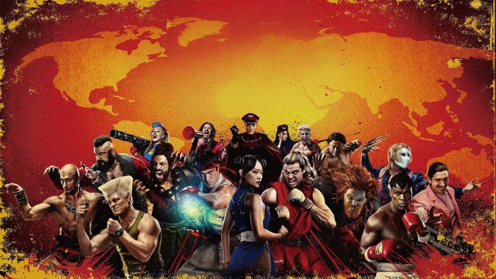 Street Fighter characters on a world map background