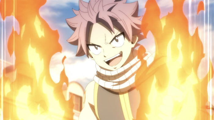 Natsu Dragneel surrounded by flames in Fairy Tail