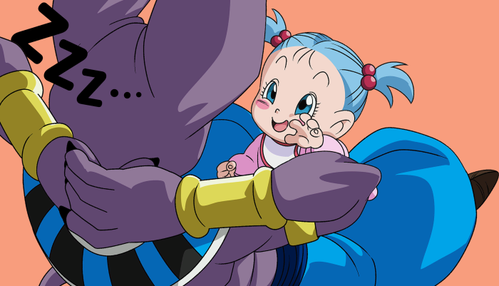 Beerus holding a baby Bulma, Dragon Ball