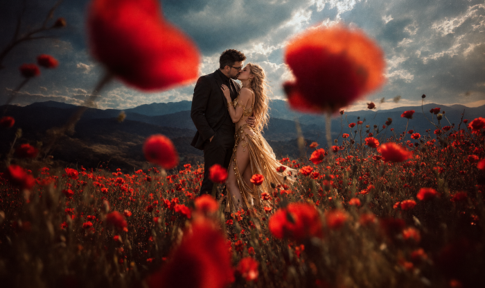 Couple kissing in a field of poppies