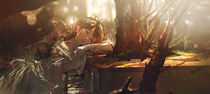 Anime girl with crown in overgrown garden