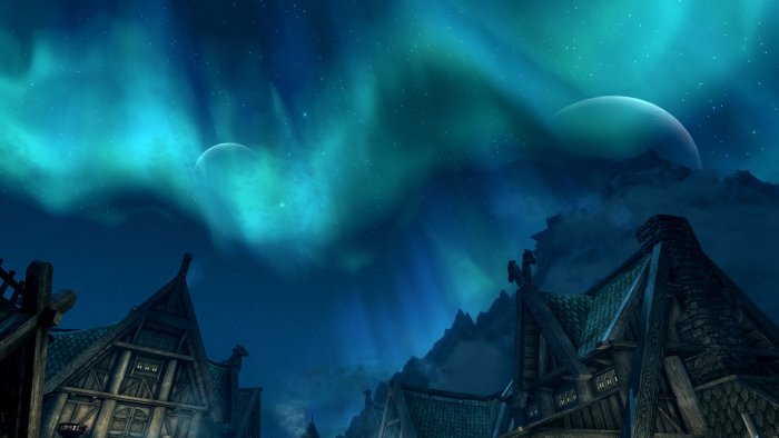 Skyrim Aurora Borealis over Nordic Village