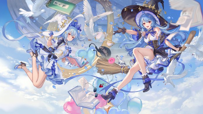 Two anime witches flying with doves and books