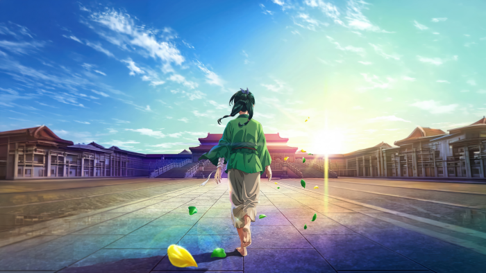 Anime character walking towards a bright sunrise in a courtyard