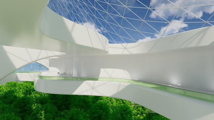 Futuristic interior with lush green forest below