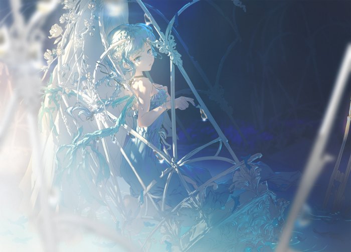 Anime girl in blue dress with flowers