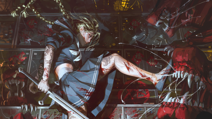 Bloody schoolgirl fighting red monsters with a sword