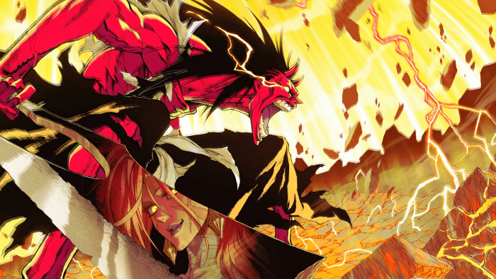 Red demon and blonde woman in a chaotic, fiery landscape