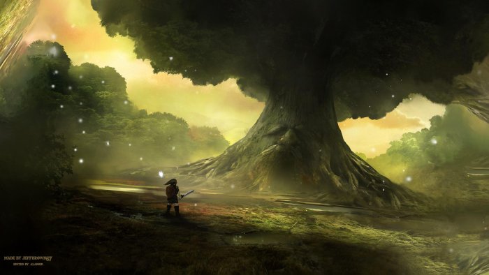 Link in a mystical forest with a giant tree