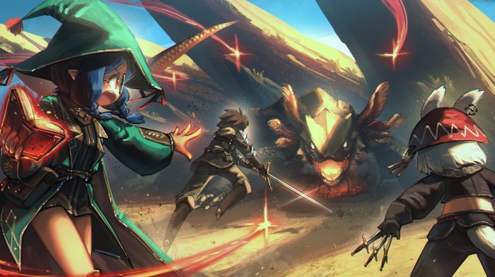 Anime characters battle a monster in a desert