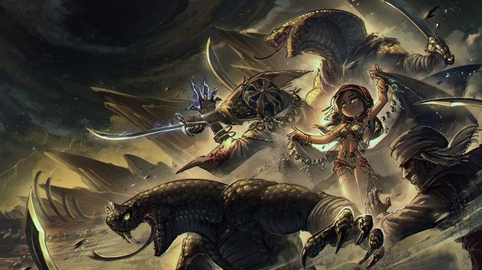 Fantasy battle with giant snakes and warriors