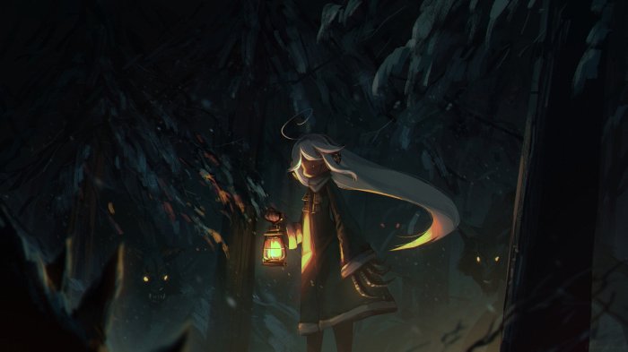 Anime girl with lantern in dark forest with wolves