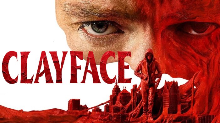 Clayface movie poster with a man and city