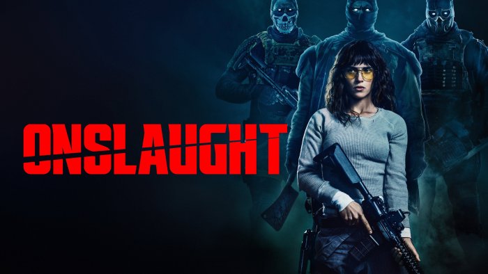 Onslaught movie poster with woman and masked figures