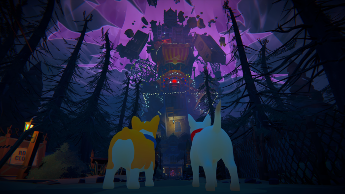 Two dogs look at a floating, surreal carnival structure