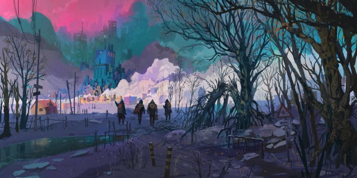 Four figures in hazmat suits walk through a snowy landscape