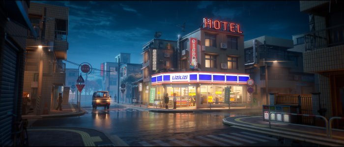 Rainy night in a Japanese city with a hotel and convenience store