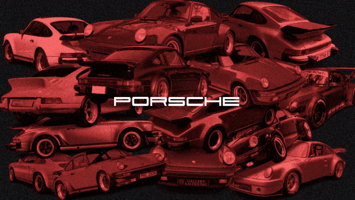 Collage of red Porsche cars with "PORSCHE" text