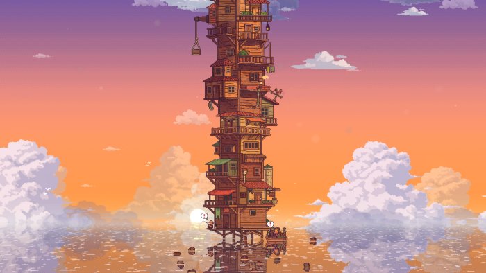 Pixel art tower house on water at sunset