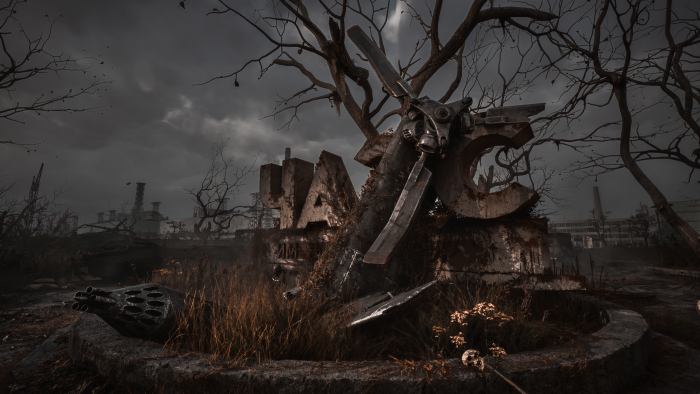 Post-apocalyptic industrial landscape with broken sign