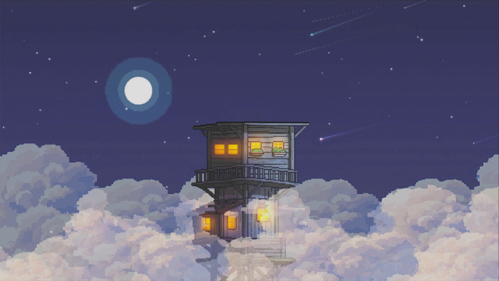 Pixel art house in clouds under starry night sky